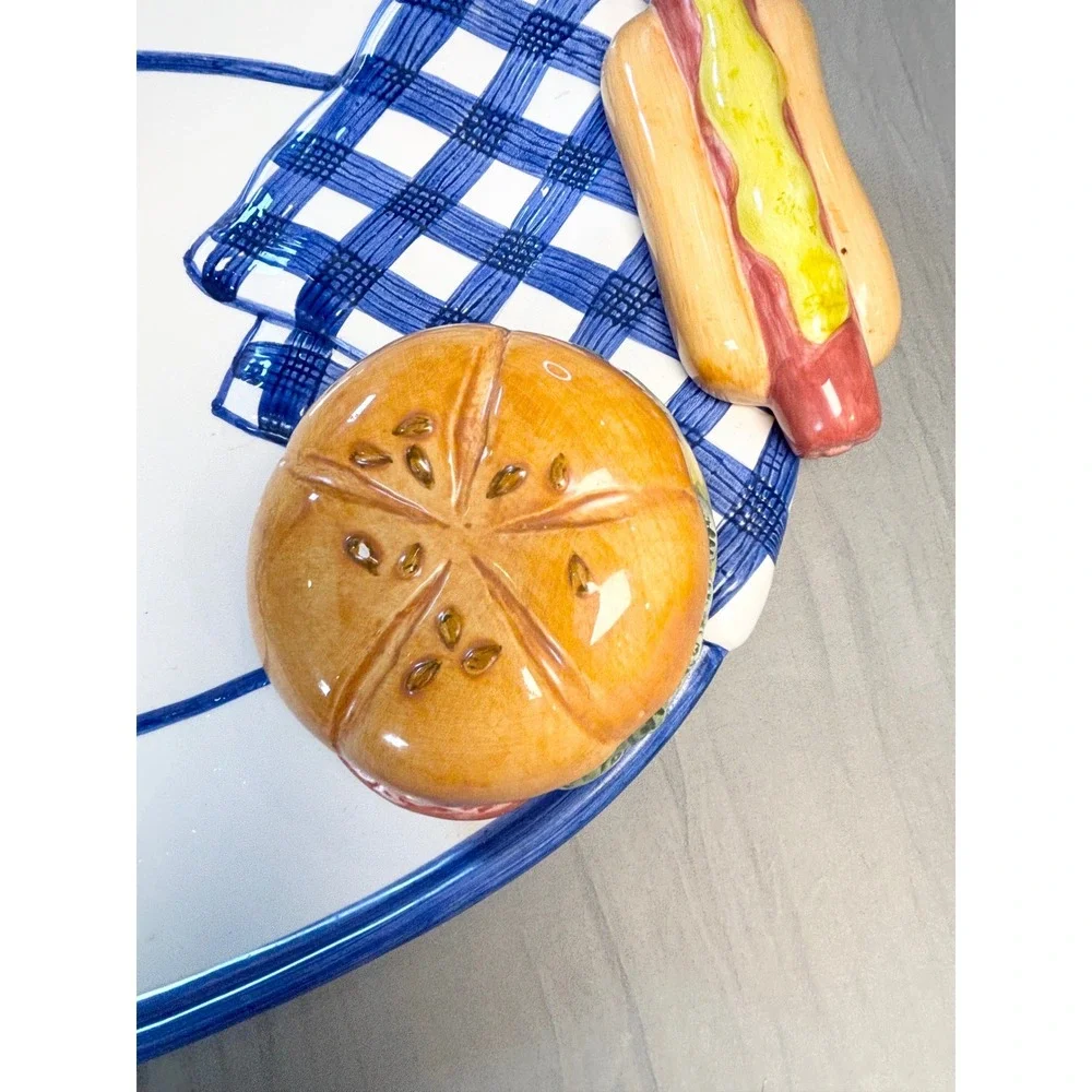 Vtg 90s lotus Ceramic BBQ Picnic Platter & Napkin Holder Set  Hot Dog hamburger